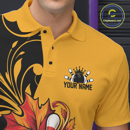 Custom Black And Yellow Autumn Maple Leaf Thanksgiving Bowling Team Men Polo Shirt IPHW12801