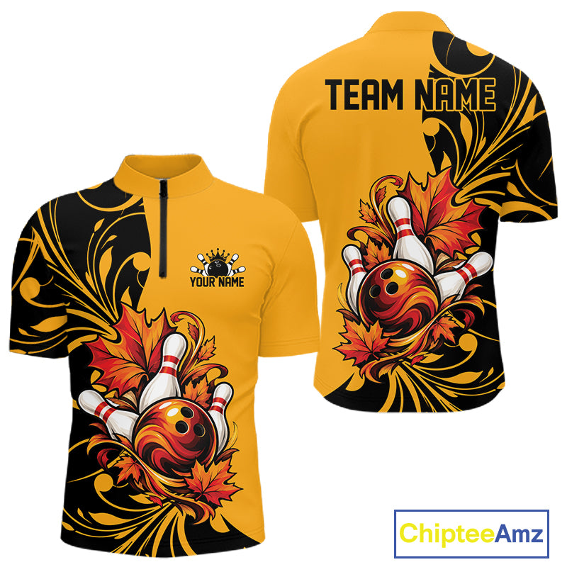 Custom Black And Yellow Autumn Maple Leaf Thanksgiving Bowling Team Men Quarter Zip Shirt IPHW12801