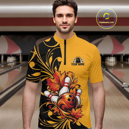 Custom Black And Yellow Autumn Maple Leaf Thanksgiving Bowling Team Men Quarter Zip Shirt IPHW12801