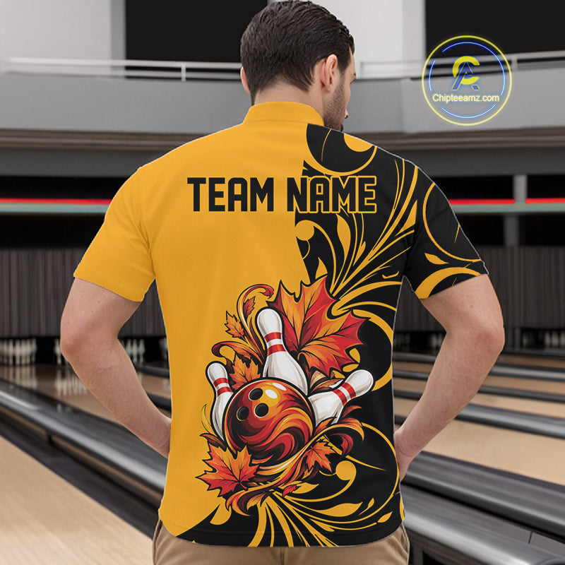 Custom Black And Yellow Autumn Maple Leaf Thanksgiving Bowling Team Men Quarter Zip Shirt IPHW12801