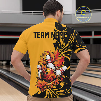 Custom Black And Yellow Autumn Maple Leaf Thanksgiving Bowling Team Men Quarter Zip Shirt IPHW12801