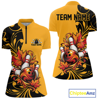 Custom Black Yellow Autumn Maple Leaf Thanksgiving Bowling Team Women Quarter-Zip Shirt IPHW12801