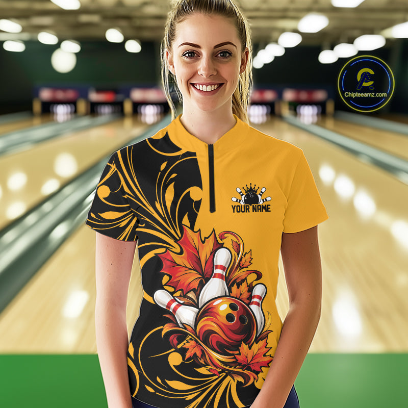 Custom Black Yellow Autumn Maple Leaf Thanksgiving Bowling Team Women Quarter-Zip Shirt IPHW12801