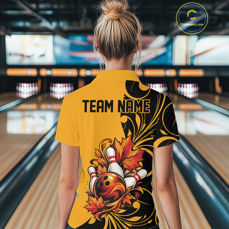 Custom Black Yellow Autumn Maple Leaf Thanksgiving Bowling Team Women Quarter-Zip Shirt IPHW12801