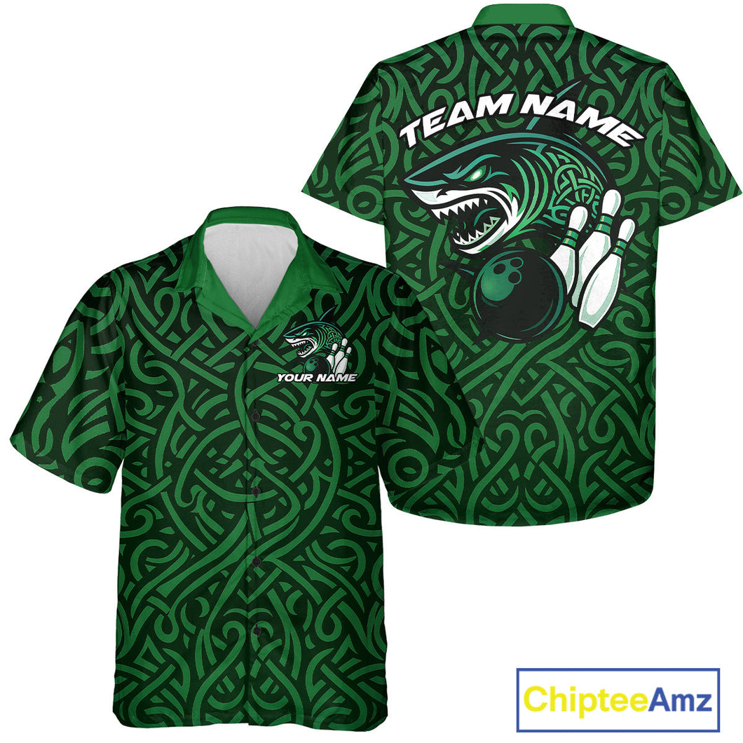 Custom Green Tribal Shark Bowling Team Men And Women Hawaiian Shirt, Shark Bowling Tournament Shirt IPHW10176