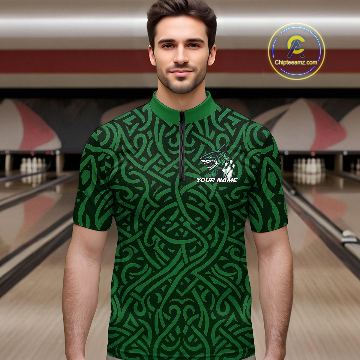 Custom Green Tribal Shark Bowling Team Men Quarter-Zip Shirt, Shark Bowling Tournament Shirt IPHW10176