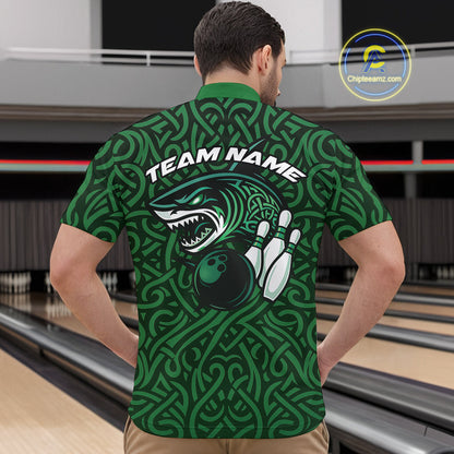 Custom Green Tribal Shark Bowling Team Men Quarter-Zip Shirt, Shark Bowling Tournament Shirt IPHW10176