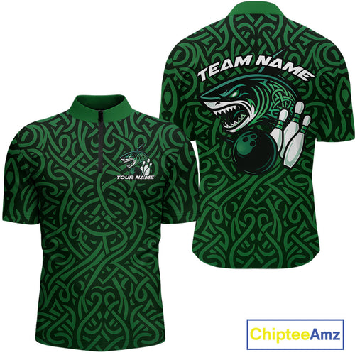Custom Green Tribal Shark Bowling Team Men Quarter-Zip Shirt, Shark Bowling Tournament Shirt IPHW10176