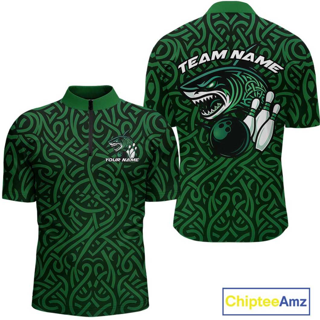 Custom Green Tribal Shark Bowling Team Men Quarter-Zip Shirt, Shark Bowling Tournament Shirt IPHW10176