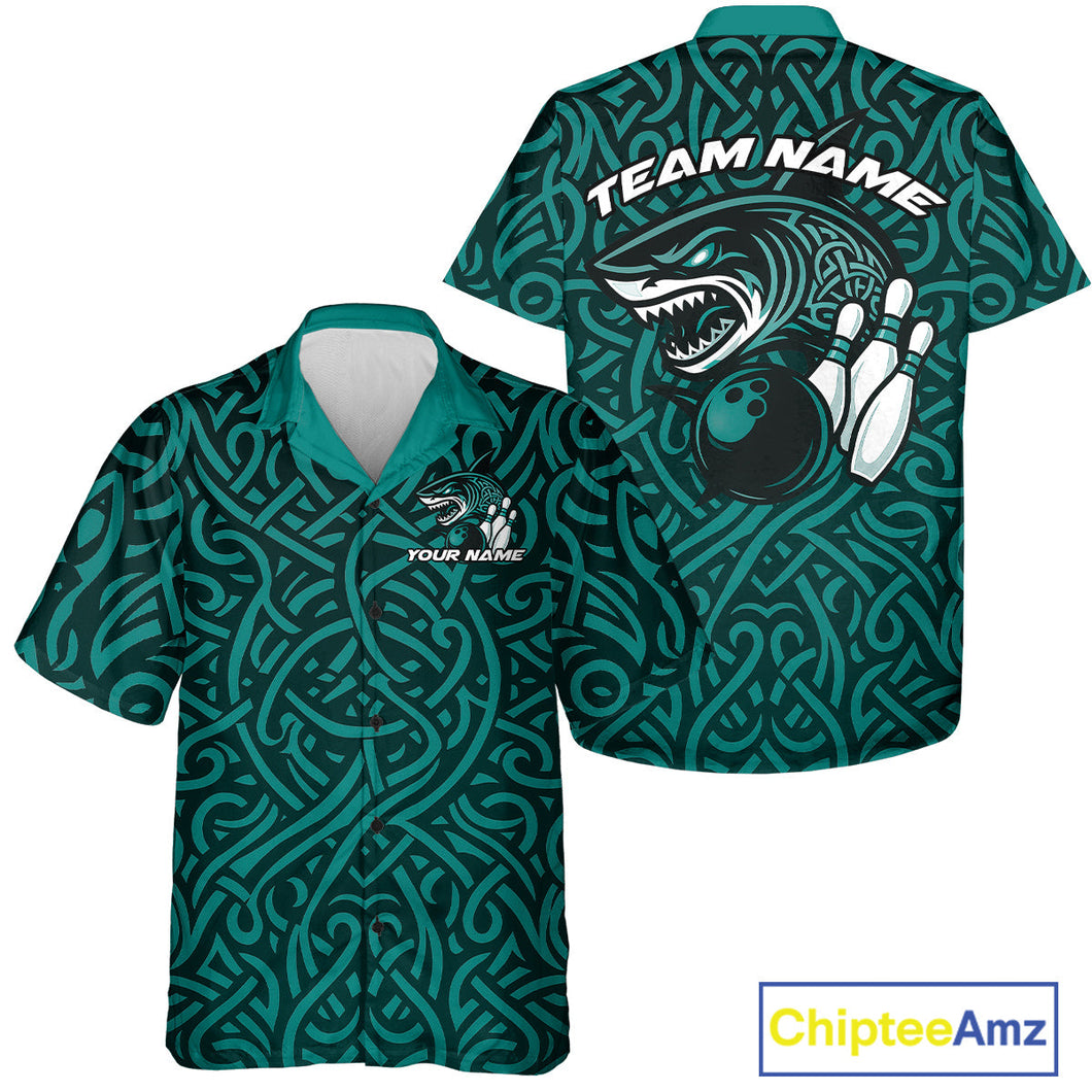 Custom Blue Tribal Shark Bowling Team Men And Women Hawaiian Shirt, Shark Bowling Tournament Shirt IPHW10177