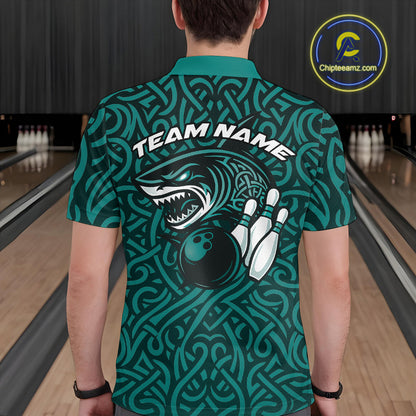 Custom Blue Tribal Shark Bowling Team Men Polo Shirt, Shark Bowling Tournament Shirt IPHW10177