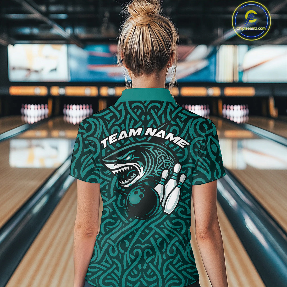 Custom Blue Tribal Shark Bowling Team Women Polo Shirt, Shark Bowling Tournament Shirt IPHW10177