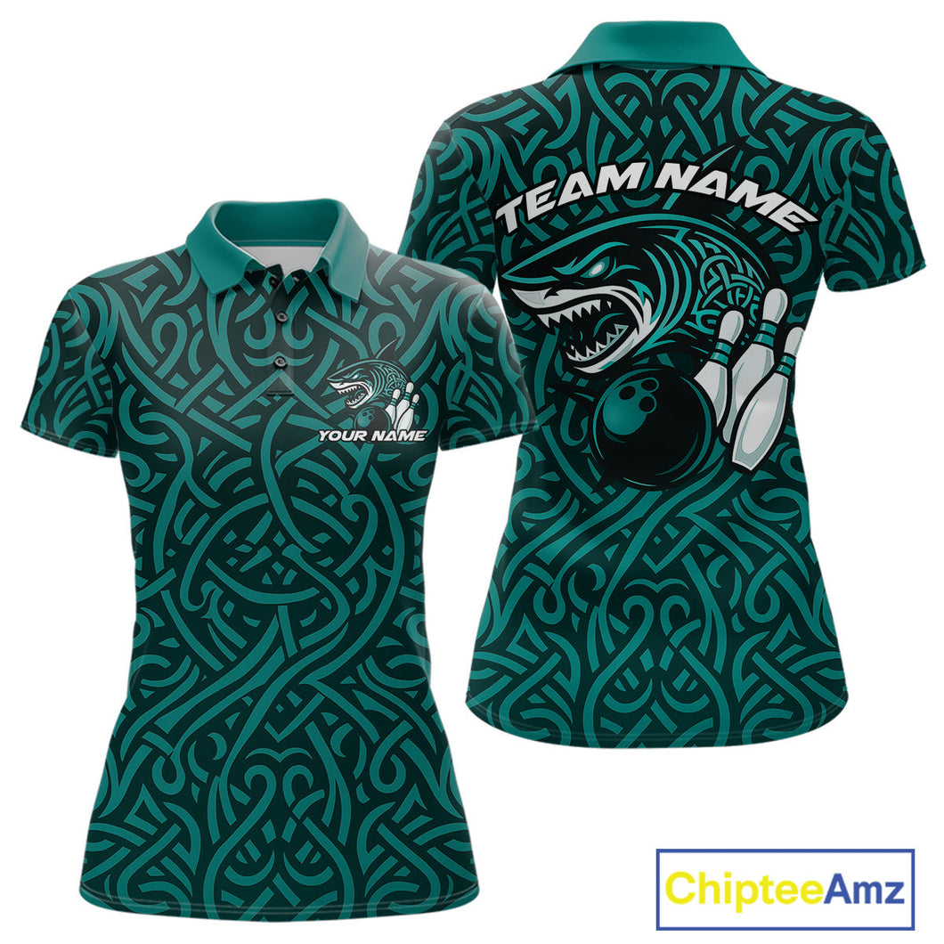 Custom Blue Tribal Shark Bowling Team Women Polo Shirt, Shark Bowling Tournament Shirt IPHW10177