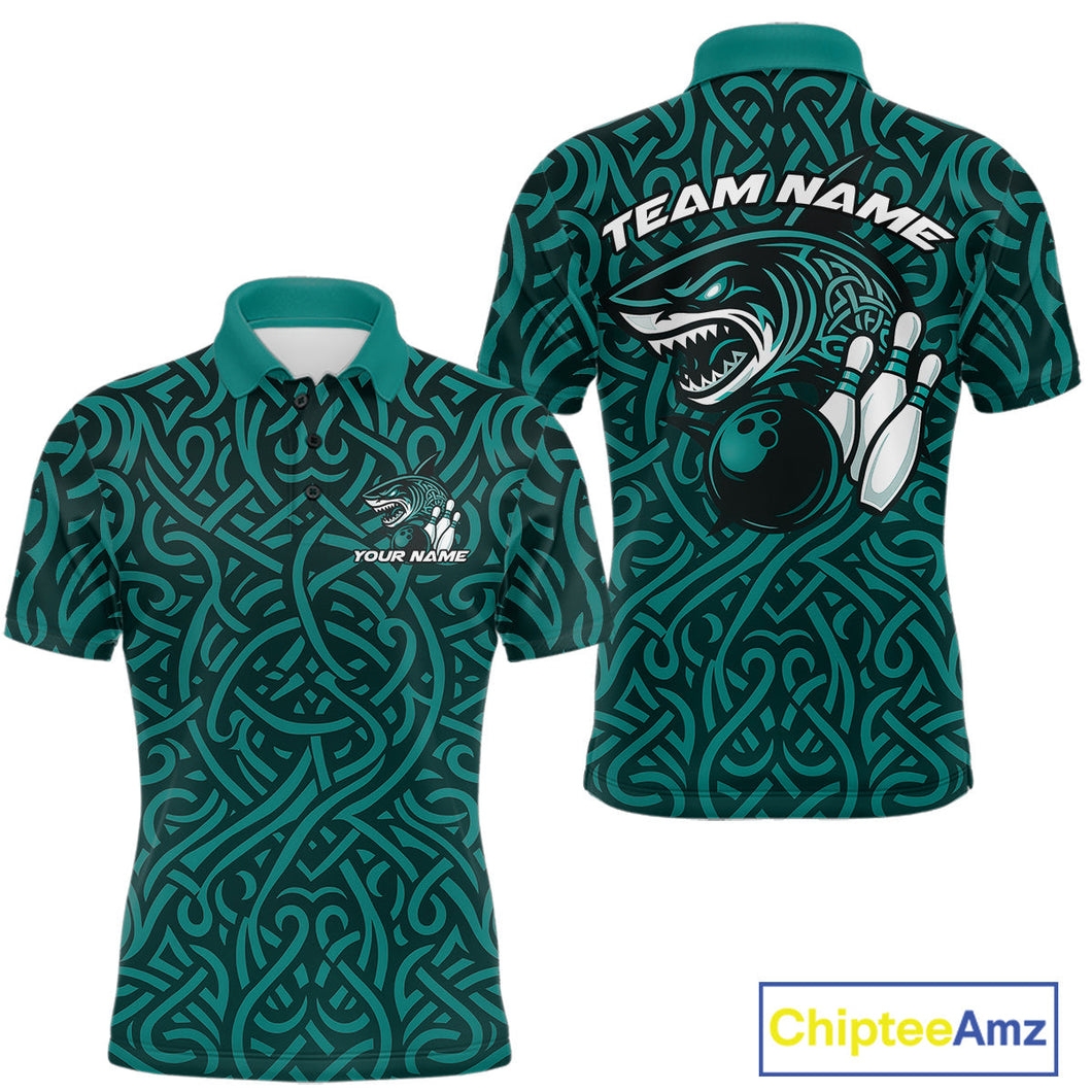 Custom Blue Tribal Shark Bowling Team Men Polo Shirt, Shark Bowling Tournament Shirt IPHW10177