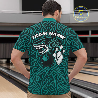 Custom Blue Tribal Shark Bowling Team Men Quarter-Zip Shirt, Shark Bowling Tournament Shirt IPHW10177