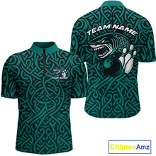 Load image into Gallery viewer, Custom Blue Tribal Shark Bowling Team Men Quarter-Zip Shirt, Shark Bowling Tournament Shirt IPHW10177
