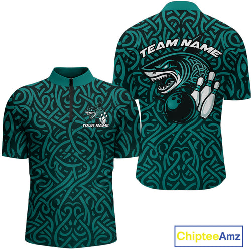 Custom Blue Tribal Shark Bowling Team Men Quarter-Zip Shirt, Shark Bowling Tournament Shirt IPHW10177