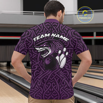 Custom Purple Tribal Shark Bowling Team Men Quarter-Zip Shirt, Shark Bowling Tournament Shirt IPHW10178