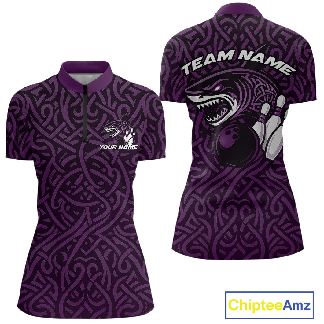 Custom Purple Tribal Shark Women Bowling Team Shirts, Shark Bowling Tournament Shirt IPHW10178