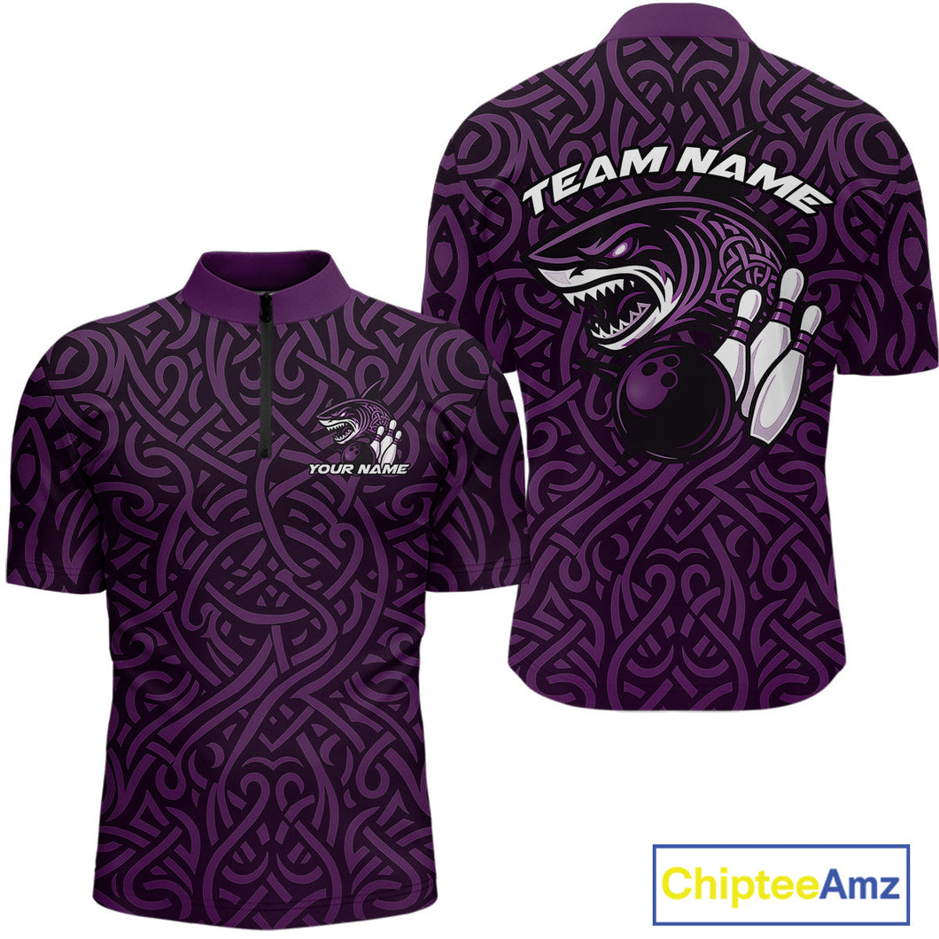Custom Purple Tribal Shark Bowling Team Men Quarter-Zip Shirt, Shark Bowling Tournament Shirt IPHW10178