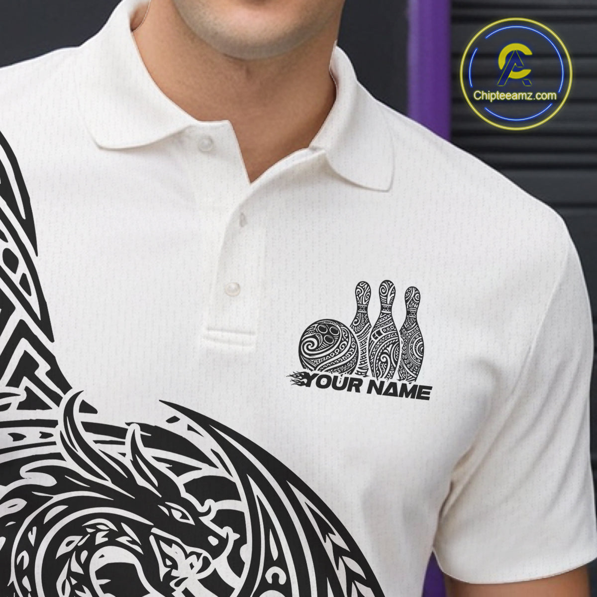 Custom Black And White Tribal Dragon Men Bowling Polo Shirt, Polynesian Bowling Shirt IPHW10340