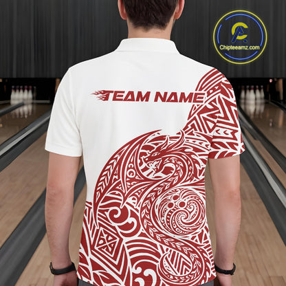 Custom Red And White Tribal Dragon Men Bowling Polo Shirt, Polynesian Bowling Shirt IPHW10341