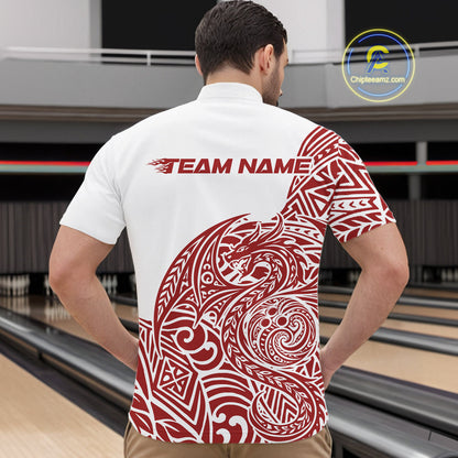 Custom Red And White Tribal Dragon Men Bowling Quarter-Zip Shirt, Polynesian Bowling Shirt IPHW10341