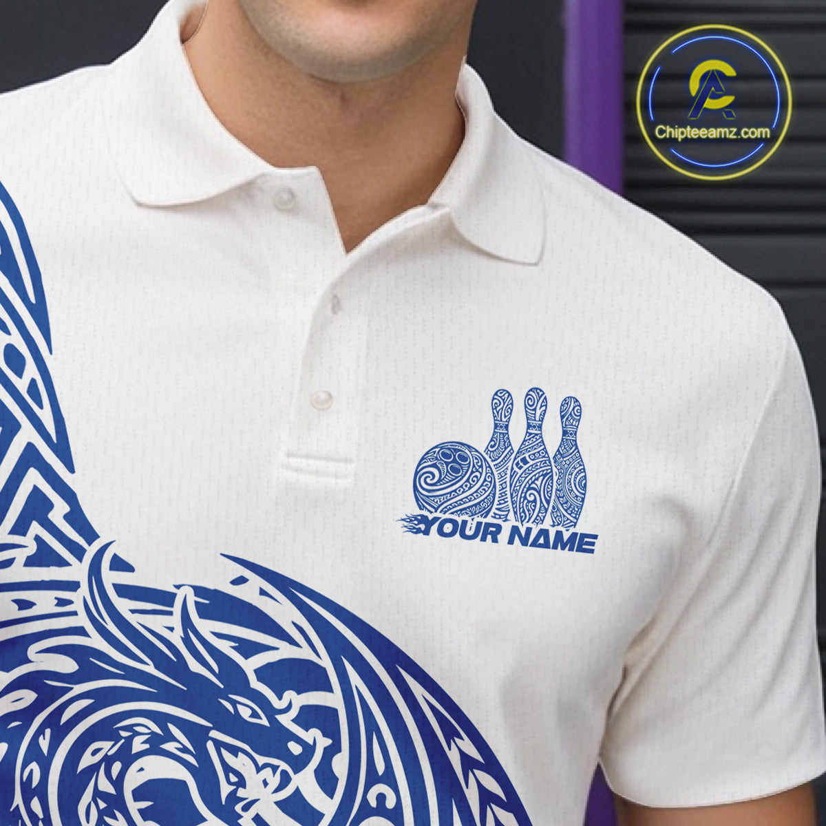 Custom Blue And White Tribal Dragon Men Bowling Polo Shirt, Polynesian Bowling Shirt IPHW10342