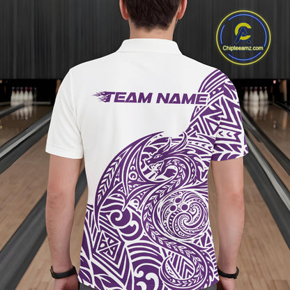 Custom Purple And White Tribal Dragon Men Bowling Polo Shirt, Polynesian Bowling Shirt IPHW10343