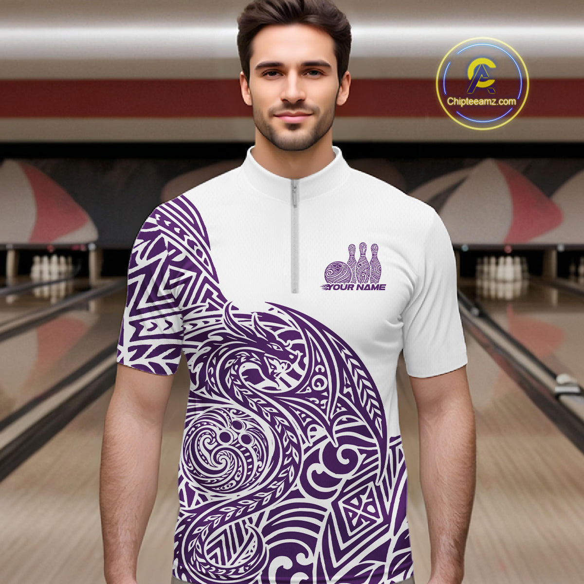 Custom Purple And White Tribal Dragon Men Bowling Quarter-Zip Shirt, Polynesian Bowling Shirt IPHW10343