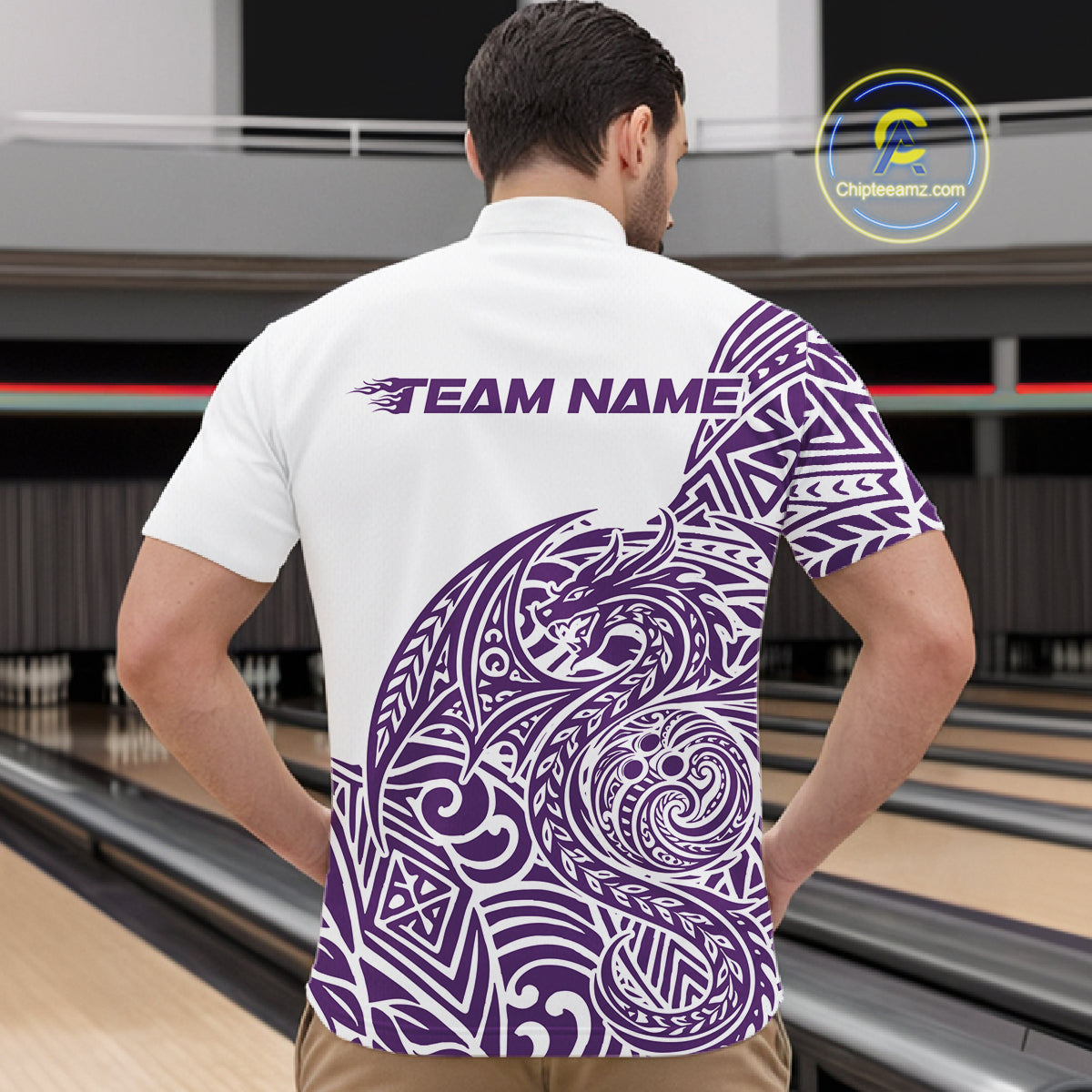 Custom Purple And White Tribal Dragon Men Bowling Quarter-Zip Shirt, Polynesian Bowling Shirt IPHW10343