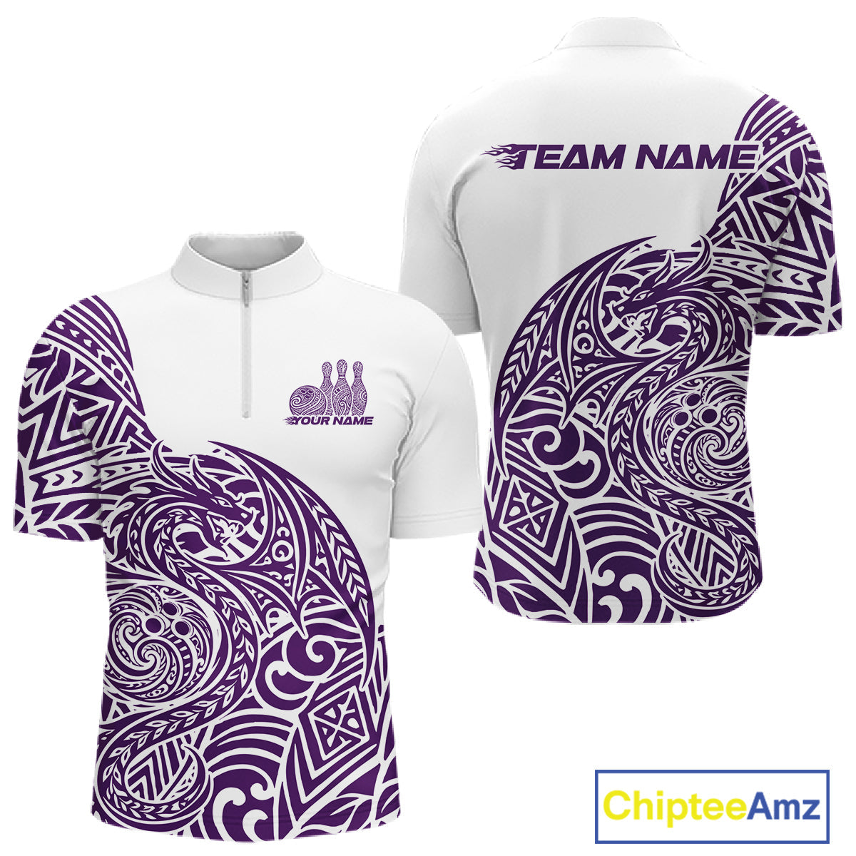 Custom Purple And White Tribal Dragon Men Bowling Quarter-Zip Shirt, Polynesian Bowling Shirt IPHW10343