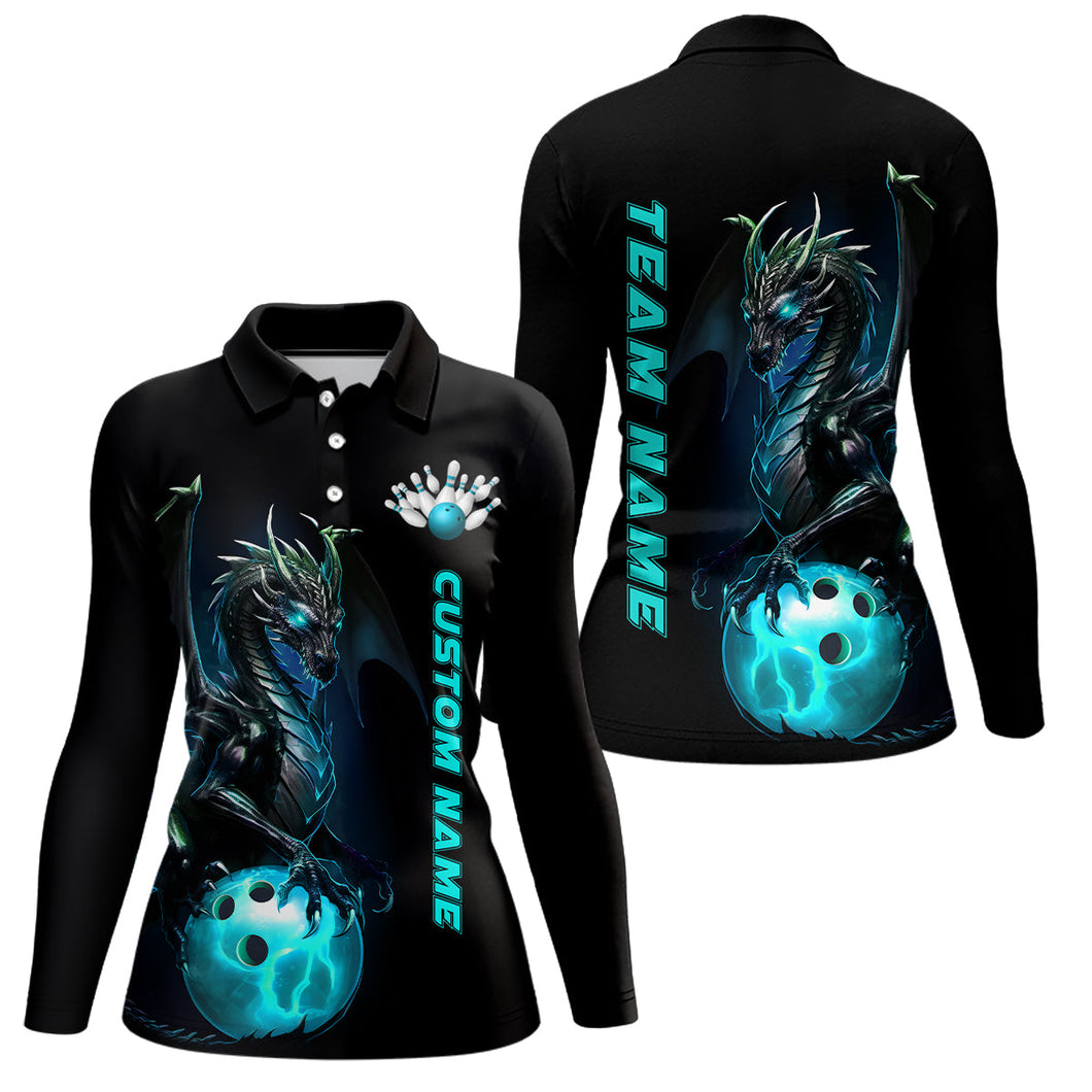 Custom Women Bowling Team Long Sleeve Polo Shirts Blue Dragon Bowling Jerseys IPHW5351