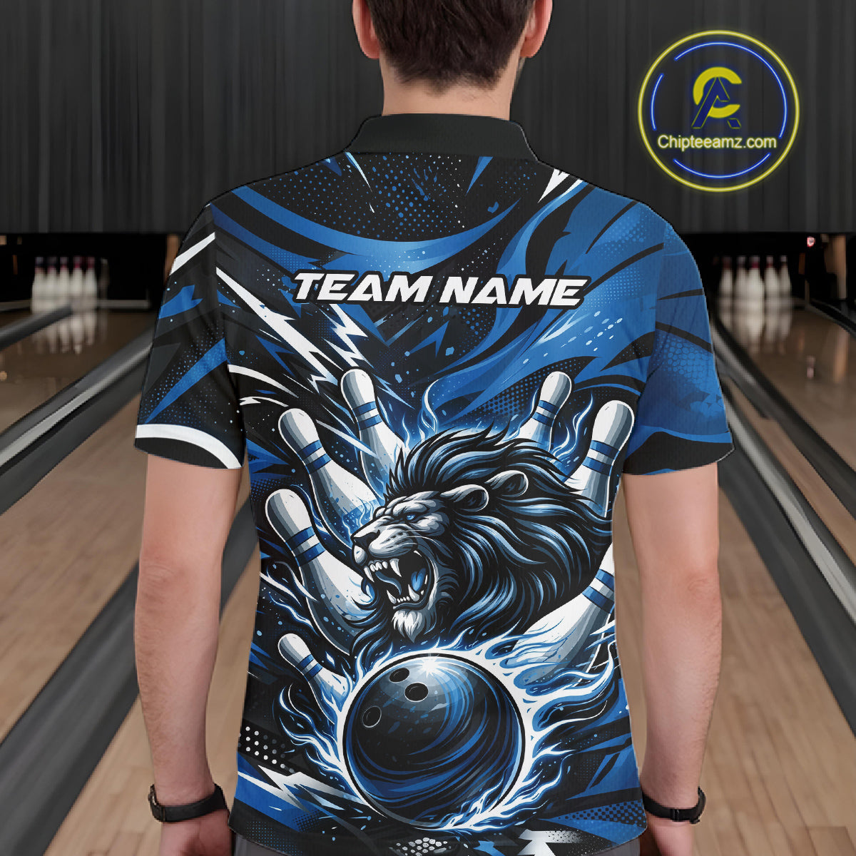 Custom Deep Blue Flame Bowling Ball Lion Bowling Jerseys, Lion Men Polo Bowling Shirt IPHW10349