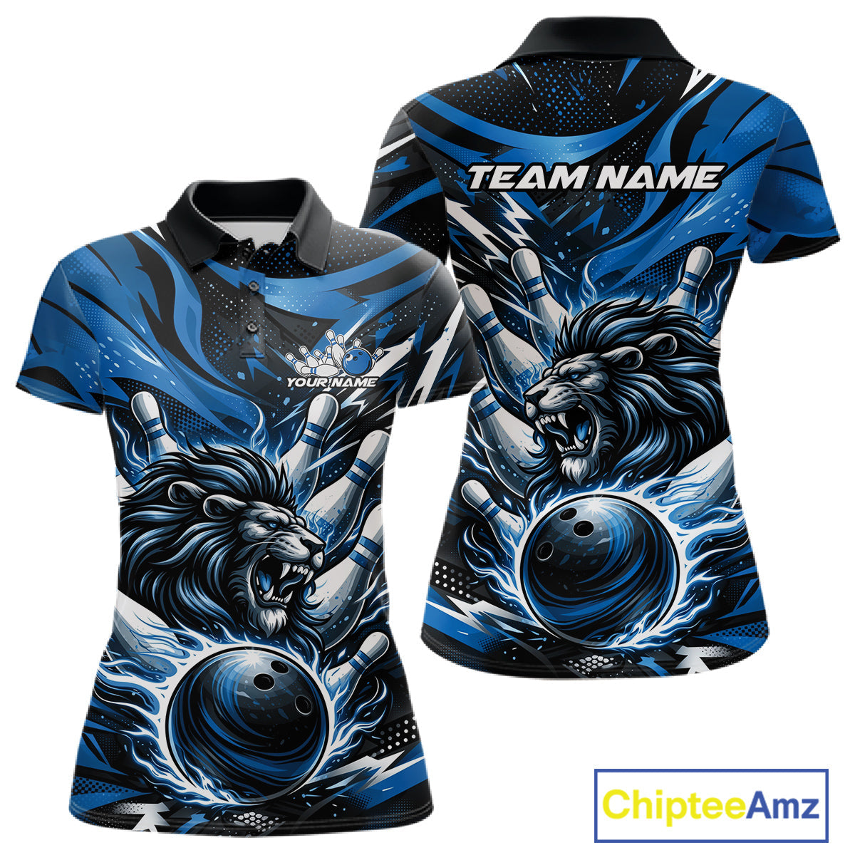 Custom Deep Blue Flame Bowling Ball Lion Bowling Jerseys, Lion Women Polo Bowling Shirt IPHW10349