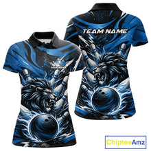 Load image into Gallery viewer, Custom Deep Blue Flame Bowling Ball Lion Bowling Jerseys, Lion Women Polo Bowling Shirt IPHW10349