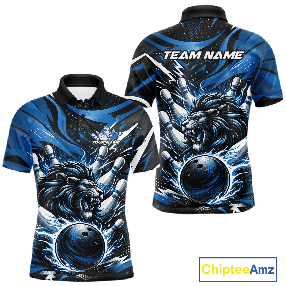 Custom Deep Blue Flame Bowling Ball Lion Bowling Jerseys, Lion Men Polo Bowling Shirt IPHW10349