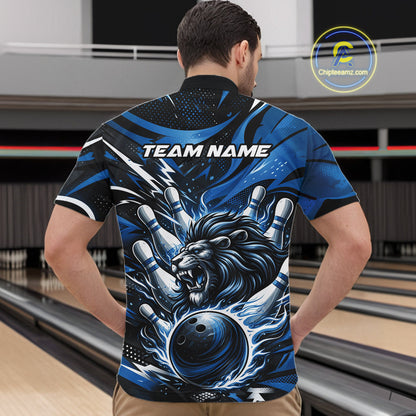 Custom Deep Blue Flame Bowling Ball Lion Bowling Jerseys, Lion Men Quarter-Zip Bowling Shirt IPHW10349