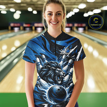 Load image into Gallery viewer, Custom Deep Blue Flame Bowling Ball Lion Bowling Jersey, Women Quarter-Zip Bowling Shirt IPHW10349