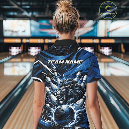 Custom Deep Blue Flame Bowling Ball Lion Bowling Jersey, Women Quarter-Zip Bowling Shirt IPHW10349
