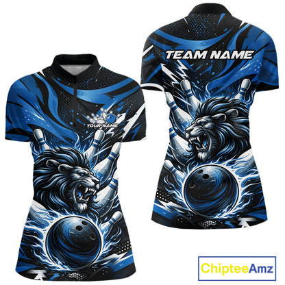 Custom Deep Blue Flame Bowling Ball Lion Bowling Jersey, Women Quarter-Zip Bowling Shirt IPHW10349