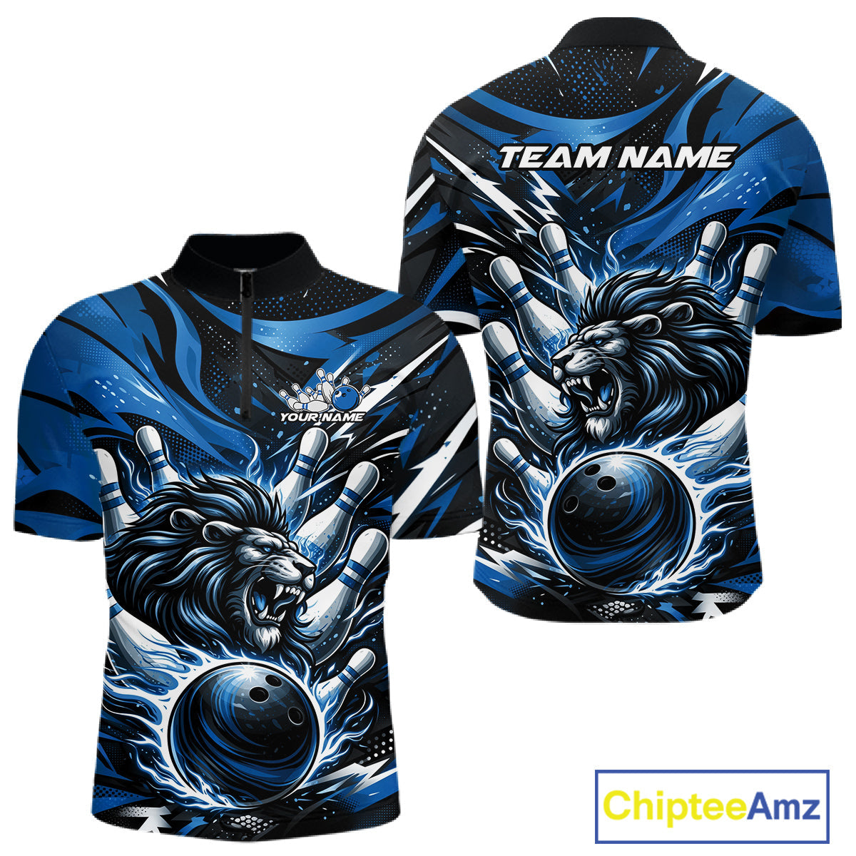 Custom Deep Blue Flame Bowling Ball Lion Bowling Jerseys, Lion Men Quarter-Zip Bowling Shirt IPHW10349