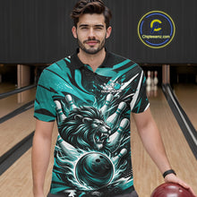 Load image into Gallery viewer, Custom Turquoise Blue Flame Bowling Ball Lion Bowling Jerseys, Lion Men Polo Bowling Shirt IPHW10350
