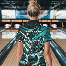 Load image into Gallery viewer, Custom Turquoise Blue Flame Bowling Ball Lion Bowling Jerseys, Lion Women Polo Bowling Shirt IPHW10350
