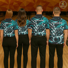 Load image into Gallery viewer, Custom Turquoise Blue Flame Bowling Ball Lion Bowling Jerseys, Lion Men Polo Bowling Shirt IPHW10350