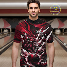 Load image into Gallery viewer, Custom Red Flame Bowling Ball Lion Bowling Jerseys, Lion Men Quarter-Zip Bowling Shirt IPHW10351