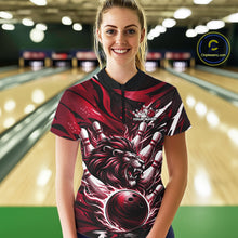 Load image into Gallery viewer, Custom Red Flame Bowling Ball Lion Bowling Jerseys, Lion Women Quarter-Zip Bowling Shirt IPHW10351