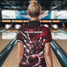 Load image into Gallery viewer, Custom Red Flame Bowling Ball Lion Bowling Jerseys, Lion Women Quarter-Zip Bowling Shirt IPHW10351