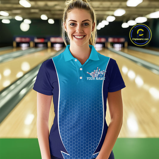 Custom Blue Bowling Team Polo Shirts For Women, Blue Bowling Jerseys Team Uniform IPHW9429