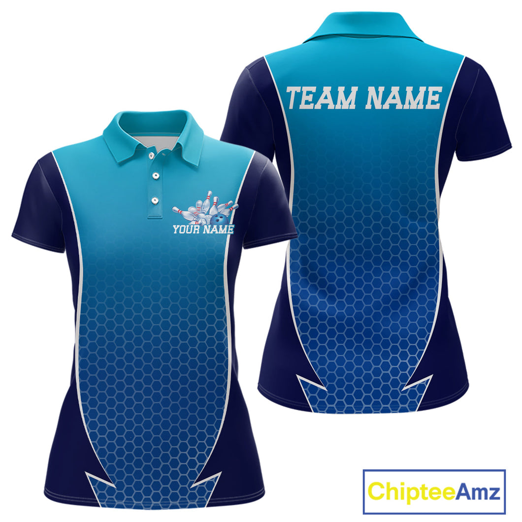 Custom Blue Bowling Team Polo Shirts For Women, Blue Bowling Jerseys Team Uniform IPHW9429